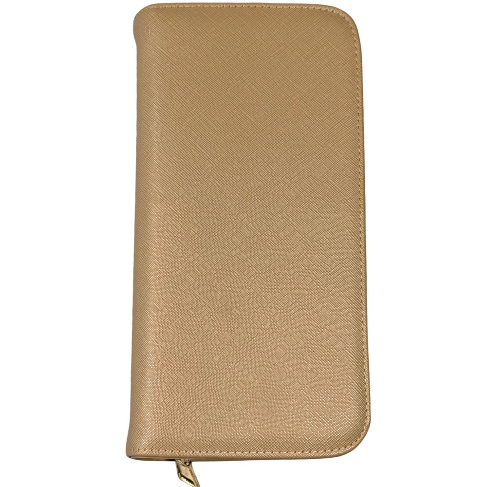 Tan Saffiano Faux Leather Double Zip Around Wallet Organizer Gold Hardware EUC